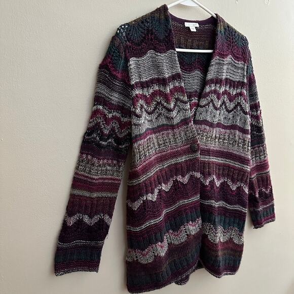 J Jill Cardigan Sweater Womans SMALL Wool Blend Stripe Open Knit Button Front - Picture 5 of 12